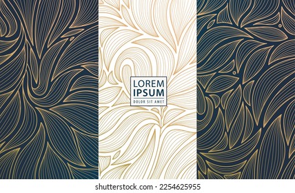 Set of vector design elements: labels, frames, wedding invitations, social net stories, packaging, luxury products, perfume, soap, wine. Line golden backgrounds, floral patterns with leaves