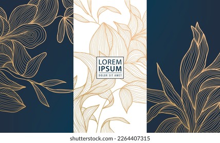 Set of vector design elements: labels, frames, wedding invitations, social net stories, packaging, luxury products, perfume, soap, wine. Line golden backgrounds, floral patterns with leaves