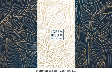 Set of vector design elements: labels, frames, wedding invitations, social net stories, packaging, luxury products, perfume, soap, wine. Line golden backgrounds, floral patterns with leaves