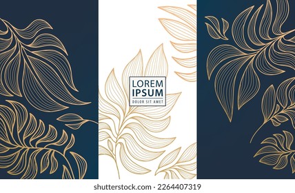 Set of vector design elements: labels, frames, wedding invitations, social net stories, packaging, luxury products, perfume, soap, wine. Line golden backgrounds, floral patterns with leaves