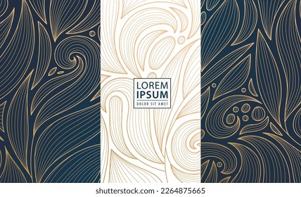 Set of vector design elements: labels, frames, wedding invitations, social net stories, packaging, luxury products, perfume, soap, wine. Line golden backgrounds, floral patterns with leaves