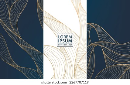 Set of vector design elements: labels, frames, wedding invitations, social net stories, packaging, luxury products, perfume, soap, wine. Line golden backgrounds, wavy patterns, ribbons