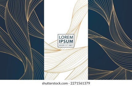 Set of vector design elements: labels, frames, wedding invitations, social net stories, packaging, luxury products, perfume, soap, wine. Line golden backgrounds, wavy patterns