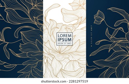 Set of vector design elements labels, frames, wedding invitations, social net stories, packaging, luxury products, perfume, soap, wine. Line golden backgrounds, floral patterns with leaves.