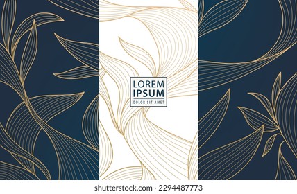 Set of vector design elements labels, frames, wedding invitations, social net stories, packaging, luxury products, perfume, soap, wine. Line golden backgrounds, floral patterns with leaves.