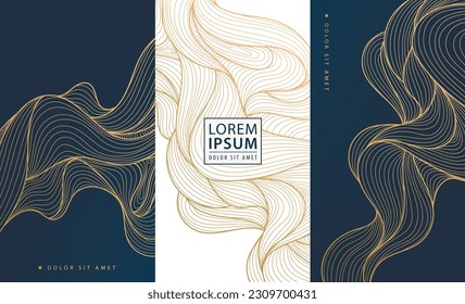 Set of vector design elements labels, frames, wedding invitations, social net stories, packaging, luxury products, perfume, soap, wine. Line golden backgrounds, wavy, flow, ocean patterns