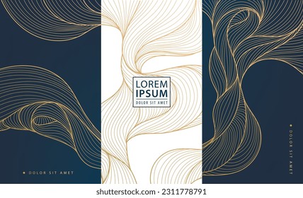 Set of vector design elements labels, frames, wedding invitations, social net stories, packaging, luxury products, perfume, soap, wine. Line golden backgrounds, wavy, flow, ocean patterns