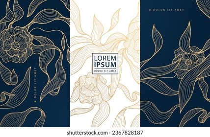 Set of vector design elements labels, frames, wedding invitations, social net stories, packaging, luxury products, perfume, soap, wine. Line golden backgrounds, floral patterns with leaves.