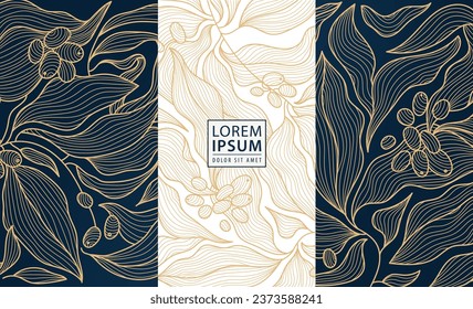 Set of vector design elements labels, frames, package. Line golden backgrounds, floral patterns with leaves, coffee beans.