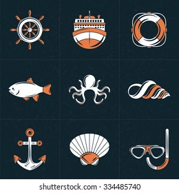 Set of Vector Design Elements for Logotypes. Vintage Styled Design Hipster Nautical Elements. Ship, Lifebuoy, Anchor, Octopus, Helm, Shell, Fish. Vector Illustration Elements Dark Textured Background