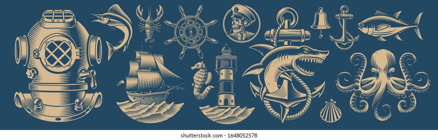 Set of vector design elements for nautical theme on a dark background