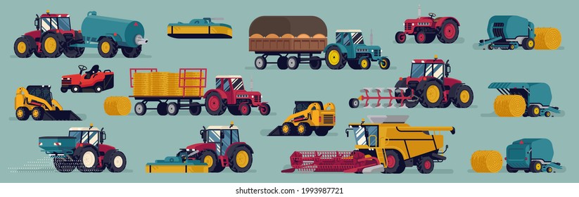 Set of vector design elements on heavy farming and agriculture machinery in flat style. Tractors, mowers, round balers, trailers, harvester loaders, slurry spreader, fertilizer, plow etc. svg