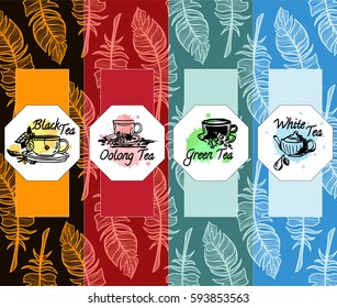 Set of vector design elements for packages. Ornate background for black, oolong, green, white tea. Hand drawn labels from tea cups and water blobs. Black, red, blue colors