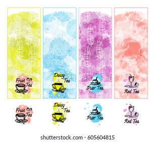 Set of vector design elements for packages. Ornate background for fruit, daisy, puer, red tea. Hand drawn labels from tea cups and water blobs. Yellow, blue, lilac, pink colors 