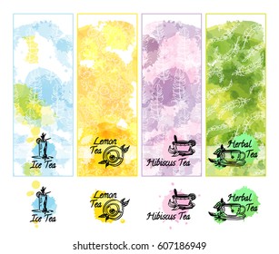 Set of vector design elements for packages. Ornate background for ice, lemon, hibiscus, herbal tea. Hand drawn labels from tea cups and water blobs. Lilac, blue colors. 