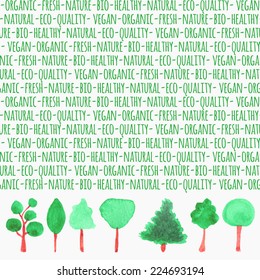 Set of vector design elements and page decoration. Eco or organic set. Hand-drawn watercolor tree elements. Vector illustration.