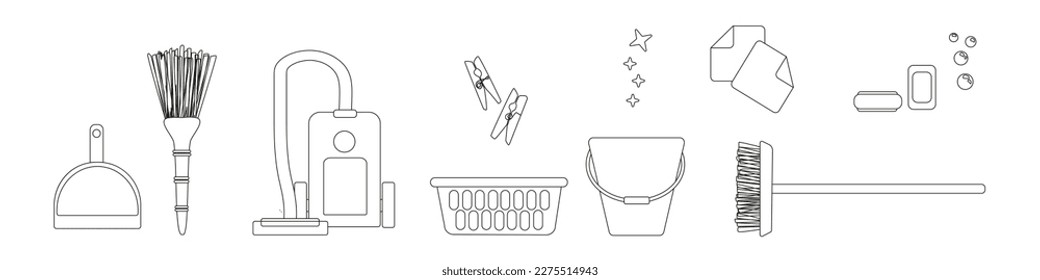 Set of vector design elements for spring cleaning outline. Linear cleaning kit: scoop and broom, vacuum cleaner, laundry bowl, clothespins, bucket, rag and mop, dust and sponge. Vector
