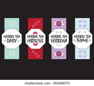Set of vector design elements for tea packages. Label, tag, stickers, logotype for herbal tea: daisy, hibiscus, verbena, thyme. Logo elements from abstract flower. Flat style