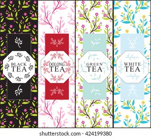 Set of vector design elements for tea packages. Herbal background for black, oolong, green and white tea.  Symbol, frame from branch, leaves, flower. Black, red, blue color. Minimalistic flat style