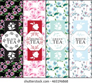 Set of vector design elements for tea packages. Herbal background for black, oolong, green and white tea.  Symbol, frame from branch, leaves, flower. Black, pink, blue color. Minimalistic flat style
