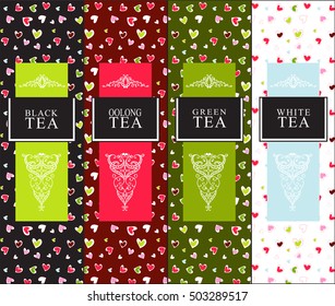 Set of vector design elements for tea packages. Herbal colored background for black, oolong, green and white tea.  Symbol from branch, leaves, berry. Black, red, green color. Minimalistic flat style