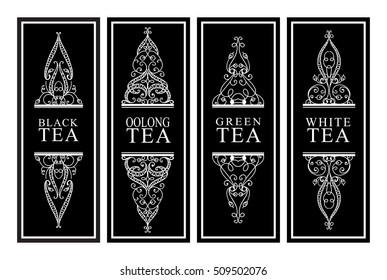 Set of vector design elements for tea packages. Stickers or emblems for black, oolong, green and white tea.  Symbol, frame from beautiful vintage elements. Black and white colors