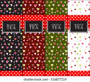 Set of vector design elements for tea packages. Herbal colored background for black, oolong, green and white tea.  Lovely hearts background. Black, red, green and white color. Minimalistic flat style