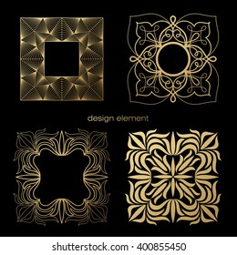 Set of vector design elements. Template for logo, icon, symbol, emblem, monogram frame. Linear trend style. Illustration gold pattern on black background. Concept of  unusual abstract luxury decor.
