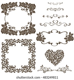 Set of vector design Elements, Vintage frame with roses for greeting card, invitation.