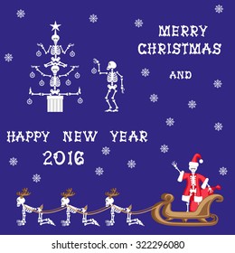 Set of vector design elements for Xmas and new year: funny skeletons as christmas tree,  deers and Santa Claus in sleigh isolated on blue background.