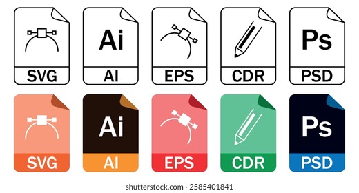 Set of vector and design file format icons (SVG, AI, EPS, CDR, PSD) in outline and color styles. Perfect for graphic design, printing, and digital projects.