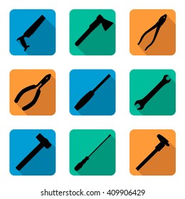 Set of vector design flat working tools icons, on colored basis with long shadow. Tools for repair, alteration and reconstruction of house. Remodel instruments black 
silhouette.