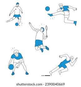 Juego de vectores de fútbol, correr, badminton y baloncesto. para el elemento de diseño de banner y sitio web. diseño plano del juego deportivo de los jugadores soccer, sprint, ilustración vectorial de baloncesto