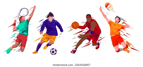 set de diseño vectorial futbolín, tenis, voleibol y baloncesto. para elementos de diseño de banners y sitios web. diseño plano de la pelota grande del jugador y la pelota pequeña. deporte nacional