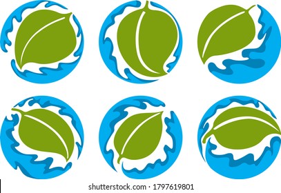 Set of Vector Design of a Leaf Logo in Green and Blue with Circle Theme