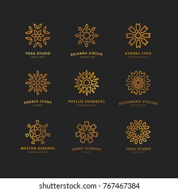 Set vector design logo with swirl element in luxory style. Abstract sign for identity, shop or business. Elegant line gold symbol flower style for boutiqu, beauty salon or personal concept identiy