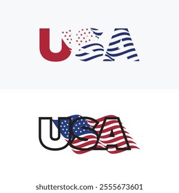 set of vector design logo USA writing with American flag element waving inside the letters for t-shirt printing etc.