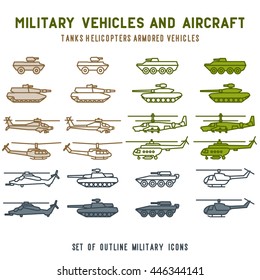 Set of vector design of military tanks and helicopters, military vehicles, military design outline design