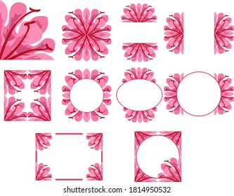 Set of Vector Design of a Pink Flower Ornament Circle and Box Frame with a Nature Theme