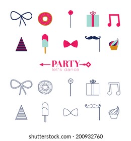 Set of vector design of retro party elements. Cute and cartoon illustration. Template for Happy birthday card. Vintage hipster collection in flat design style.