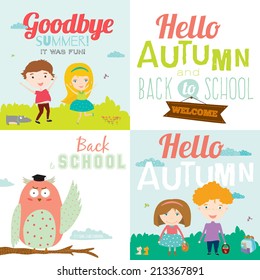 Set of vector design seamless banners in a cute and cartoon style with place for text. Bright background with funny animals and happy kids welcome to school. Goodbye summer. Hello autumn.
