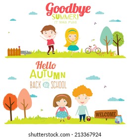 Set of vector design seamless banners in a cute and cartoon style with place for text. Bright background with funny animals and happy kids welcome to school. Goodbye summer. Hello autumn.