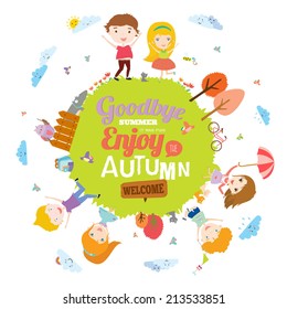 Set of vector design seamless banners in a cute and cartoon style with place for text. Bright background with funny animals and happy kids which are on the ground round. Goodbye summer. Hello autumn.