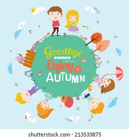 Set of vector design seamless banners in a cute and cartoon style with place for text. Bright background with funny animals and happy kids which are on the ground round. Goodbye summer. Hello autumn.