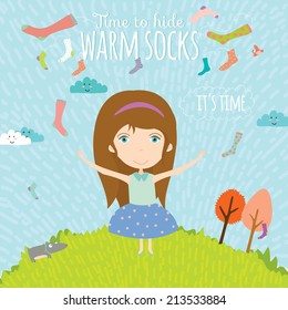 Set of vector design seamless banners in a cute and cartoon style with place for text. Bright background with funny animals and happy kids. Time to hide warm socks. Goodbye summer. Hello autumn.