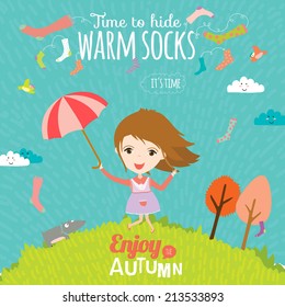 Set of vector design seamless banners in a cute and cartoon style with place for text. Bright background with funny animals and happy kids. Time to hide warm socks. Goodbye summer. Hello autumn.