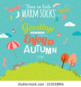 Set of vector design seamless banners in a cute and cartoon style with place for text. Bright background with funny animals and happy kids. Time to hide warm socks. Goodbye summer. Hello autumn.