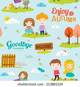 Set of vector design seamless banners in a cute and cartoon style with place for text. Bright background with funny animals and happy kids who jump and smile. Goodbye summer. Hello autumn.