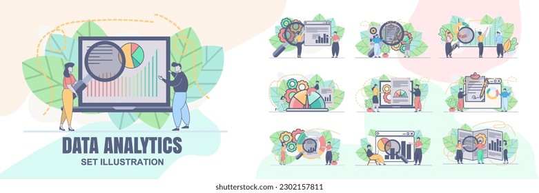 set vector design statistical and Data analysis for business finance investment concept with business people team working. Financial data analysis illustration.