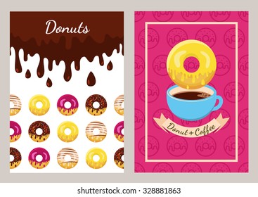 Set of vector design template with coffee and donuts pattern. Seamless fast food background. Concept for cafe, restaurant, breakfast menu, desserts, bakery. Flyer, poster, banner, packaging design. 